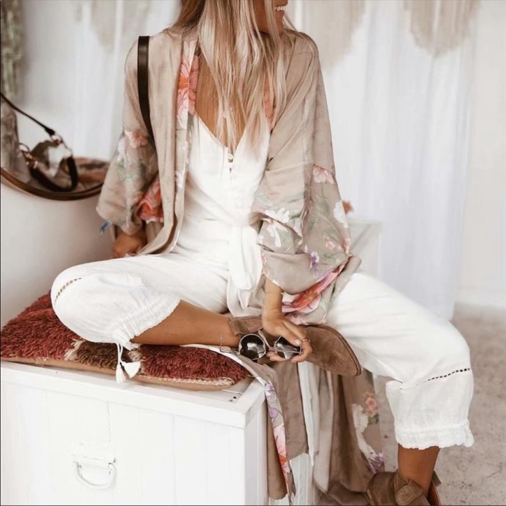 Boho Gypsy Floral Print Maxi Kimono Tan Peacock - Picture 7 of 8